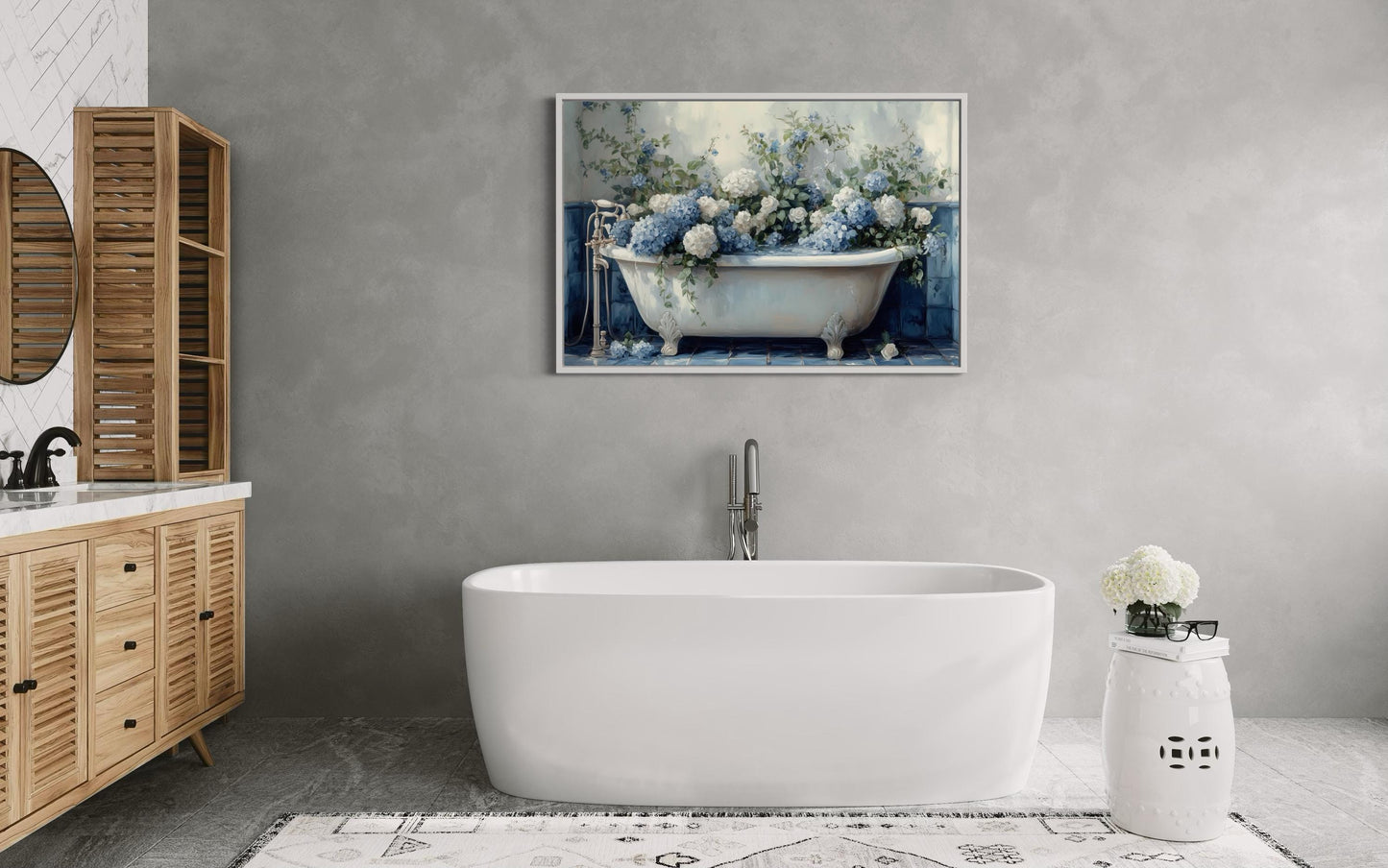 Blue Floral Bathroom Art – Hydrangea In Clawfoot Tub Canvas Print