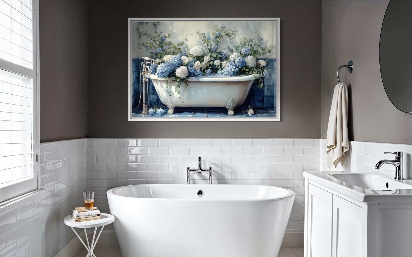 Blue Floral Bathroom Art – Hydrangea In Clawfoot Tub Canvas Print