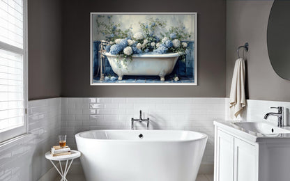 Blue Floral Bathroom Art – Hydrangea In Clawfoot Tub Canvas Print