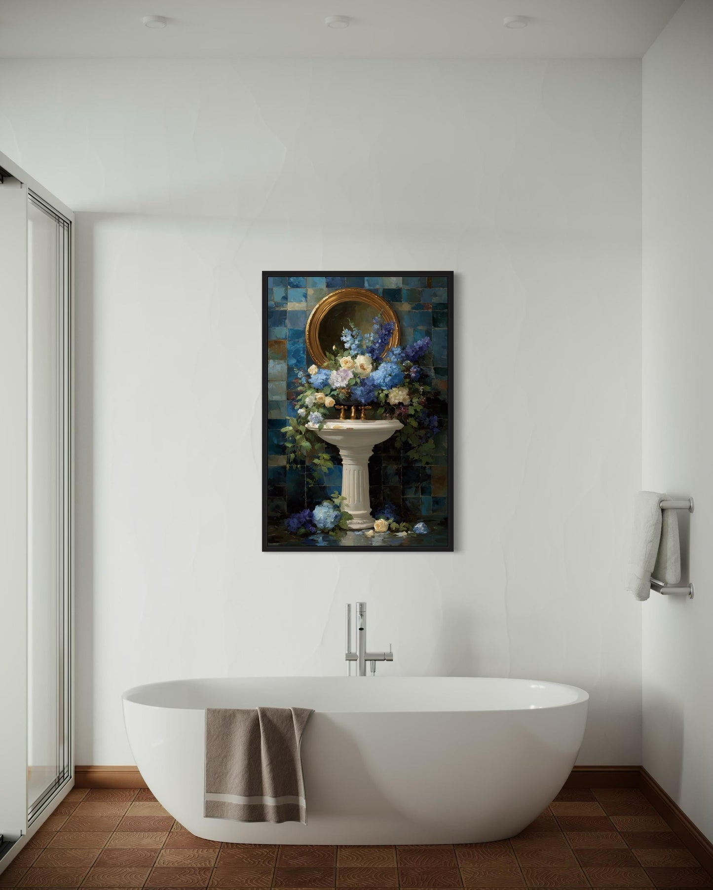 Blue Floral Pedestal Sink Romantic Bathroom Wall Art