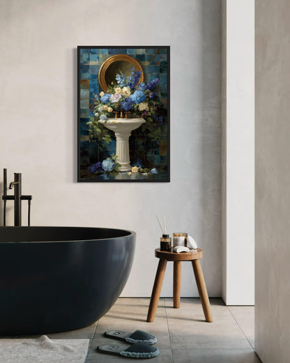 Blue Floral Pedestal Sink Romantic Bathroom Wall Art