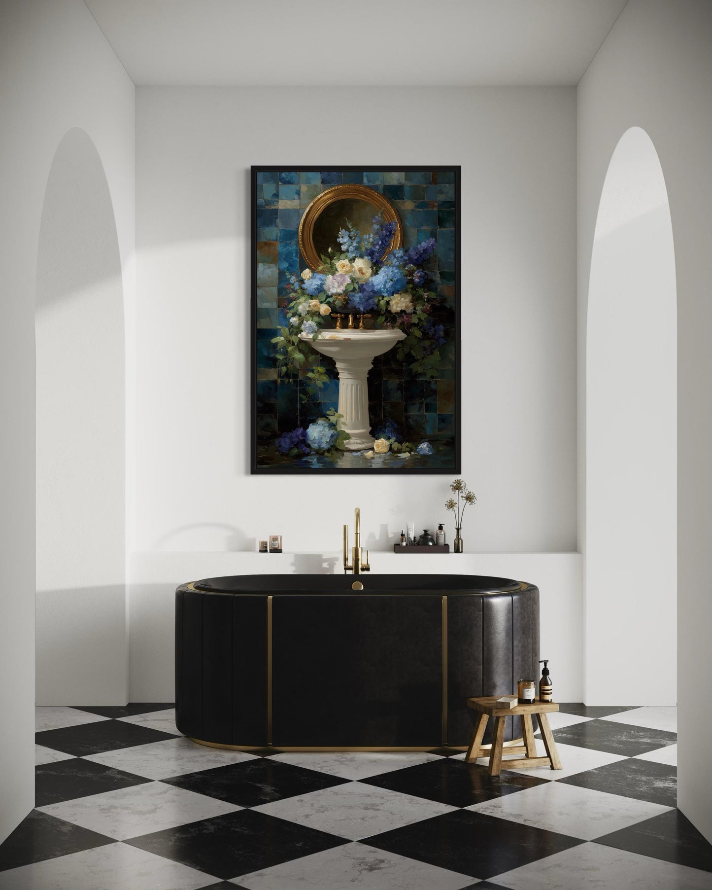 Blue Floral Pedestal Sink Romantic Bathroom Wall Art
