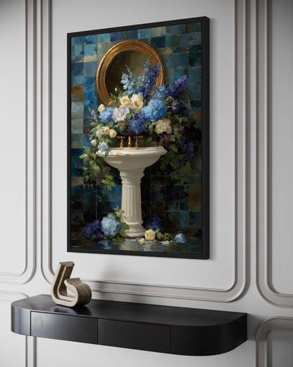 Blue Floral Pedestal Sink Romantic Bathroom Wall Art