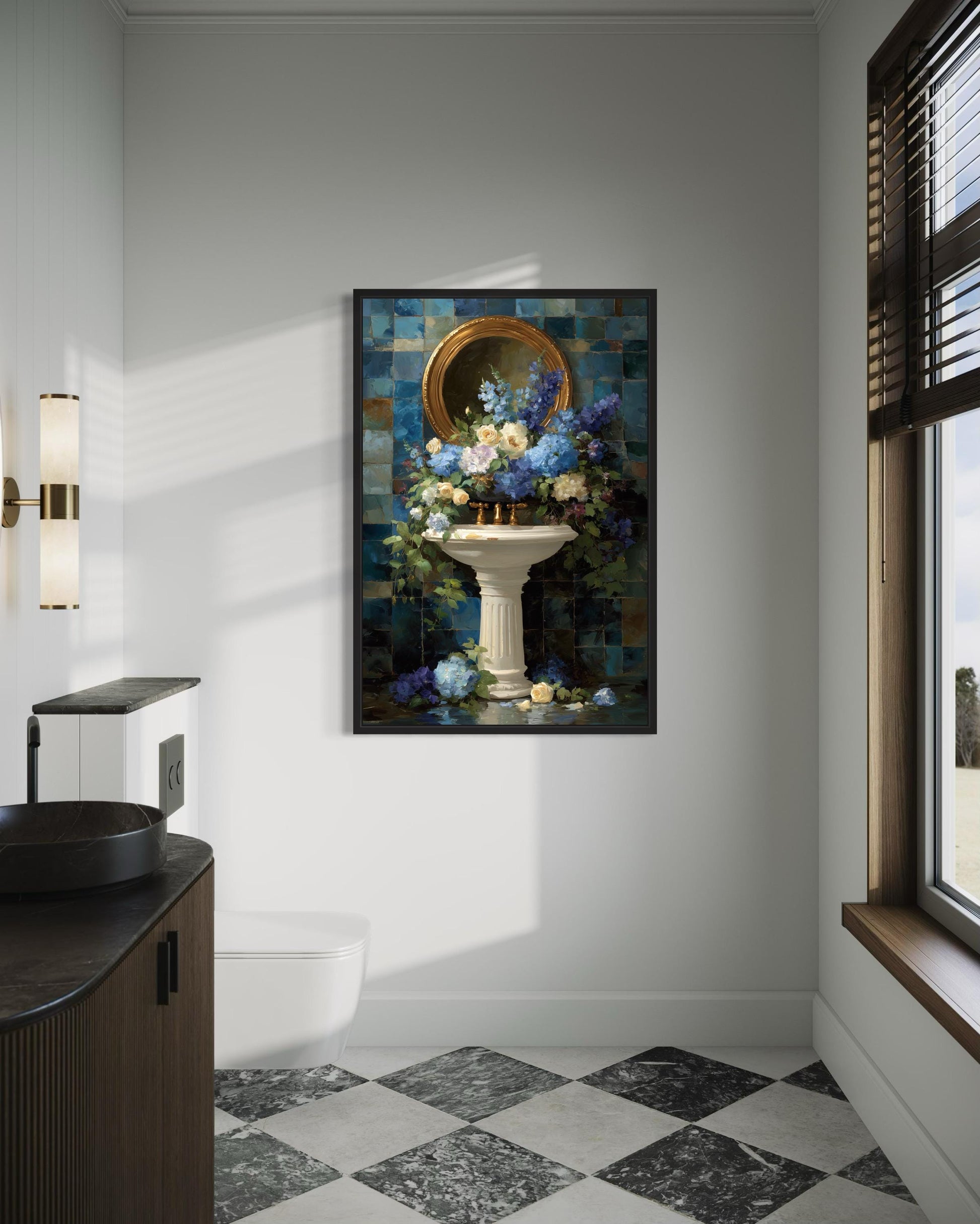 Blue Floral Pedestal Sink Romantic Bathroom Wall Art