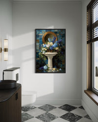 Blue Floral Pedestal Sink Romantic Bathroom Wall Art