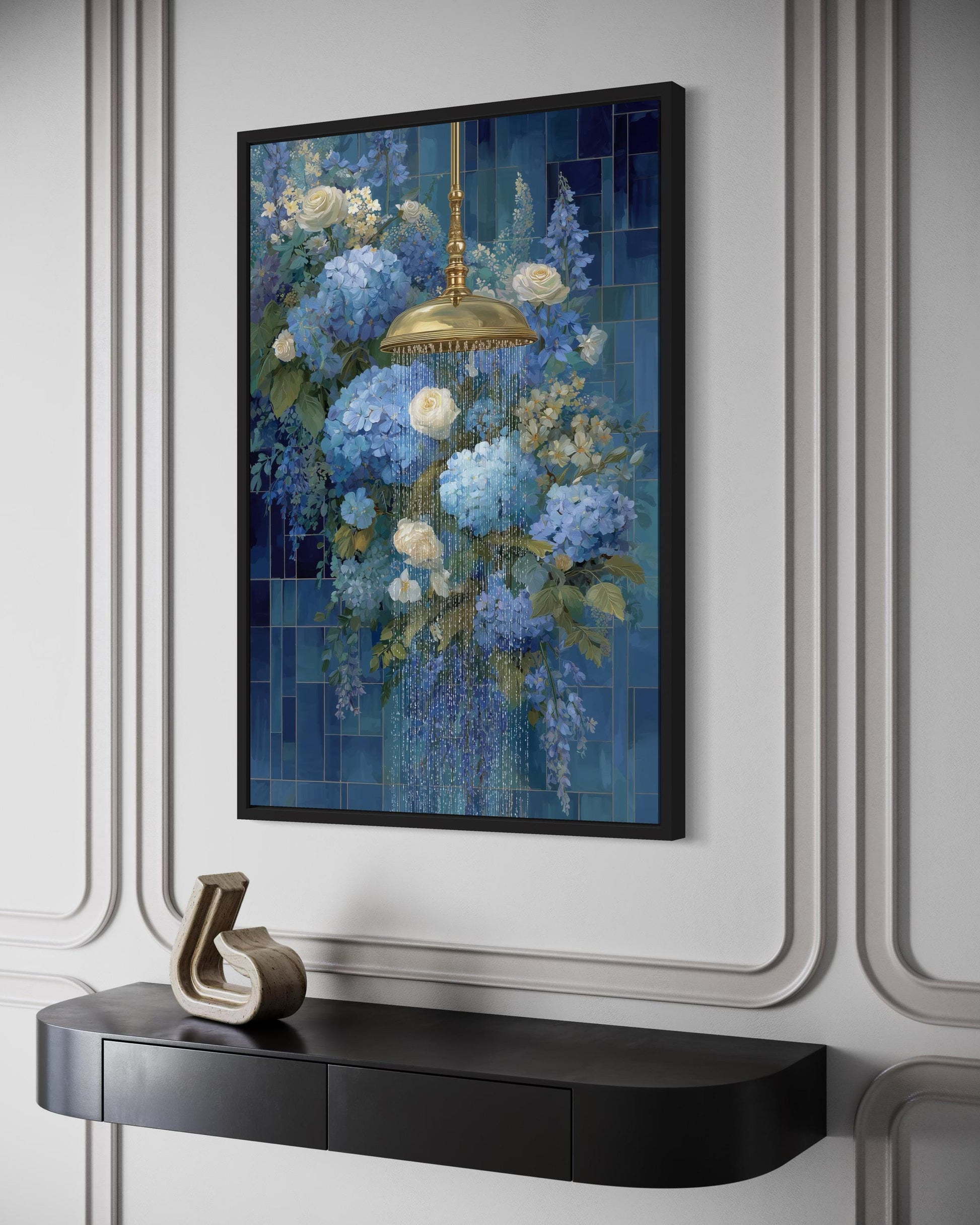 Blue Floral Shower Romantic Bathroom Canvas Wall Art