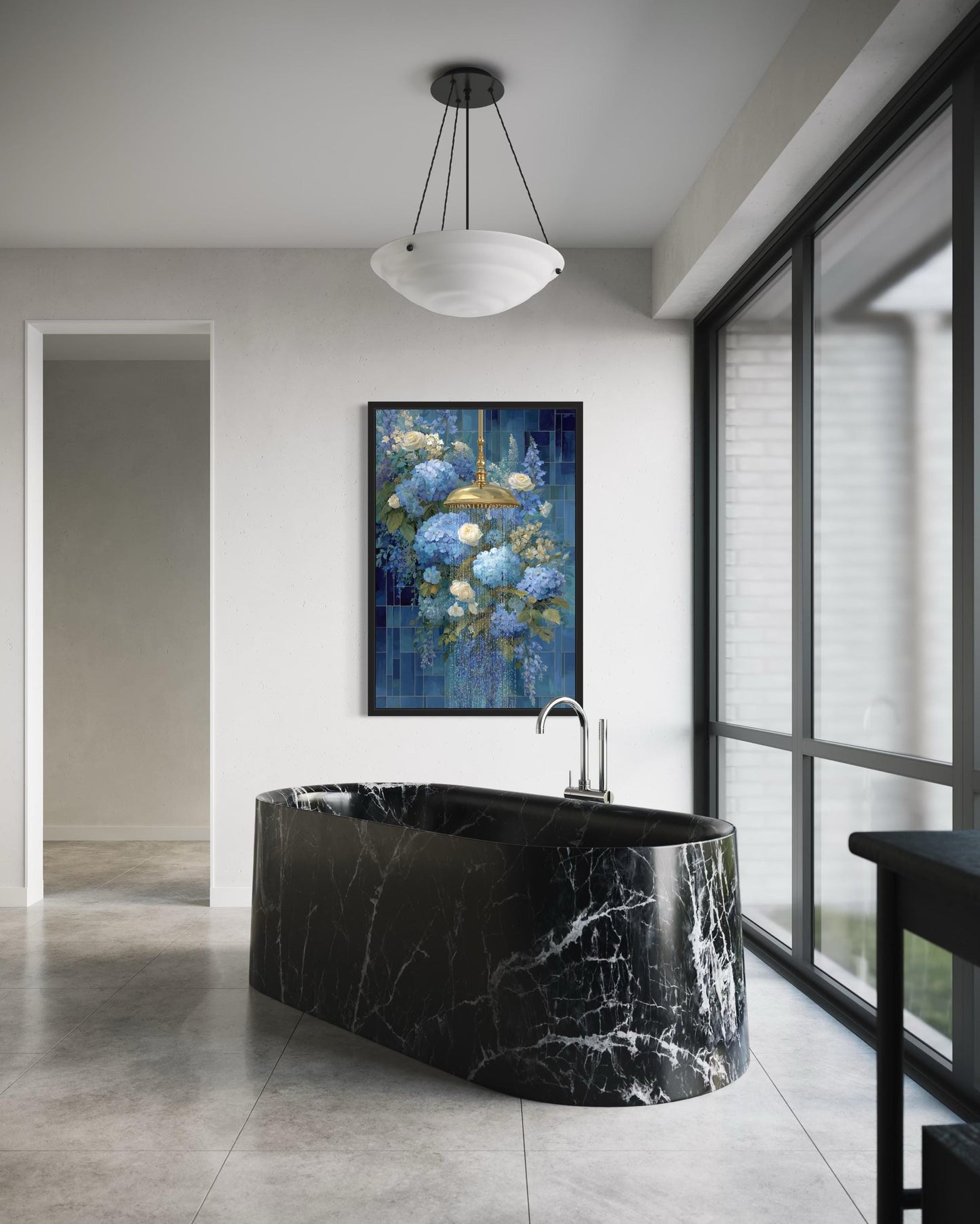 Blue Floral Shower Romantic Bathroom Canvas Wall Art