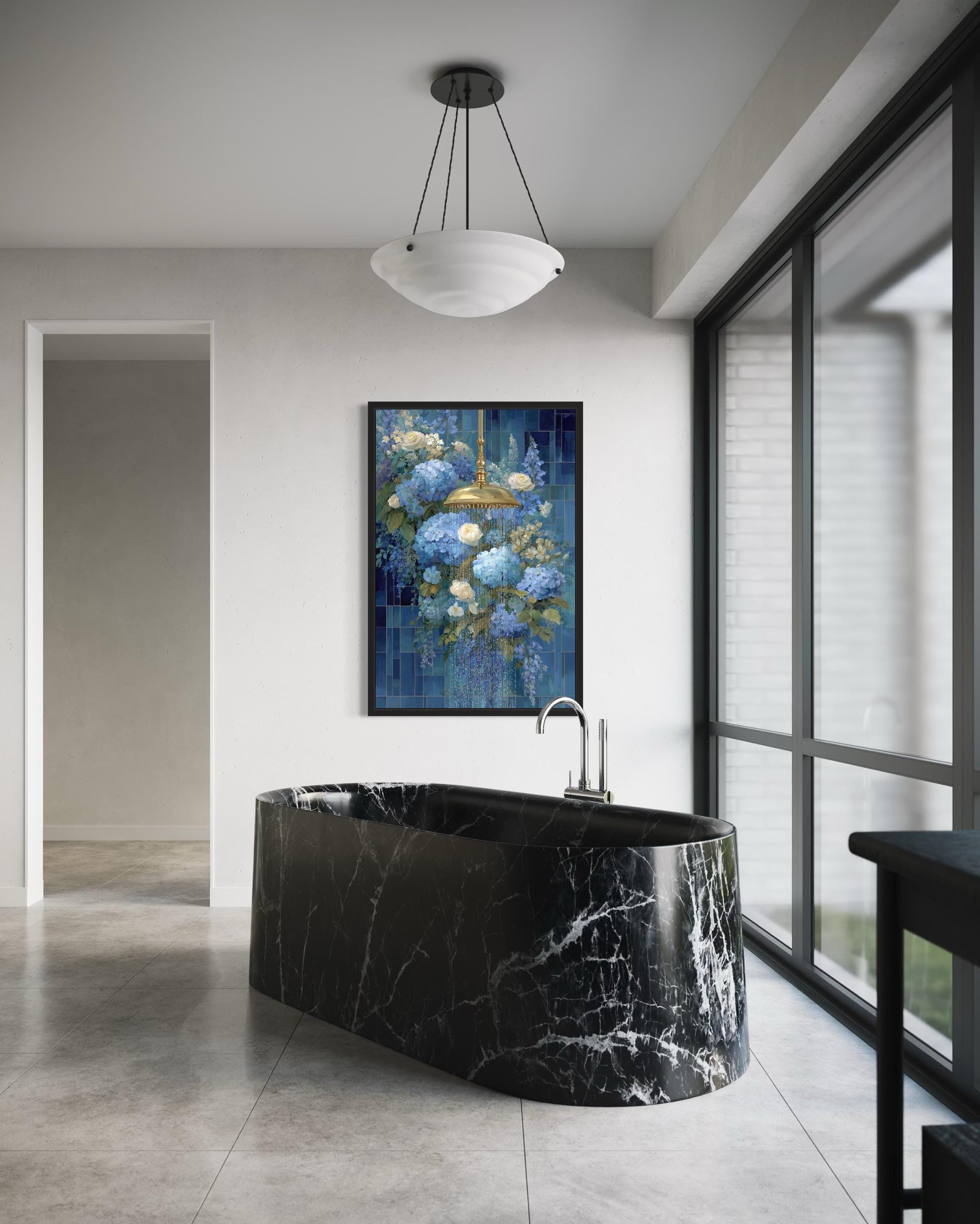 Blue Floral Shower Romantic Bathroom Canvas Wall Art