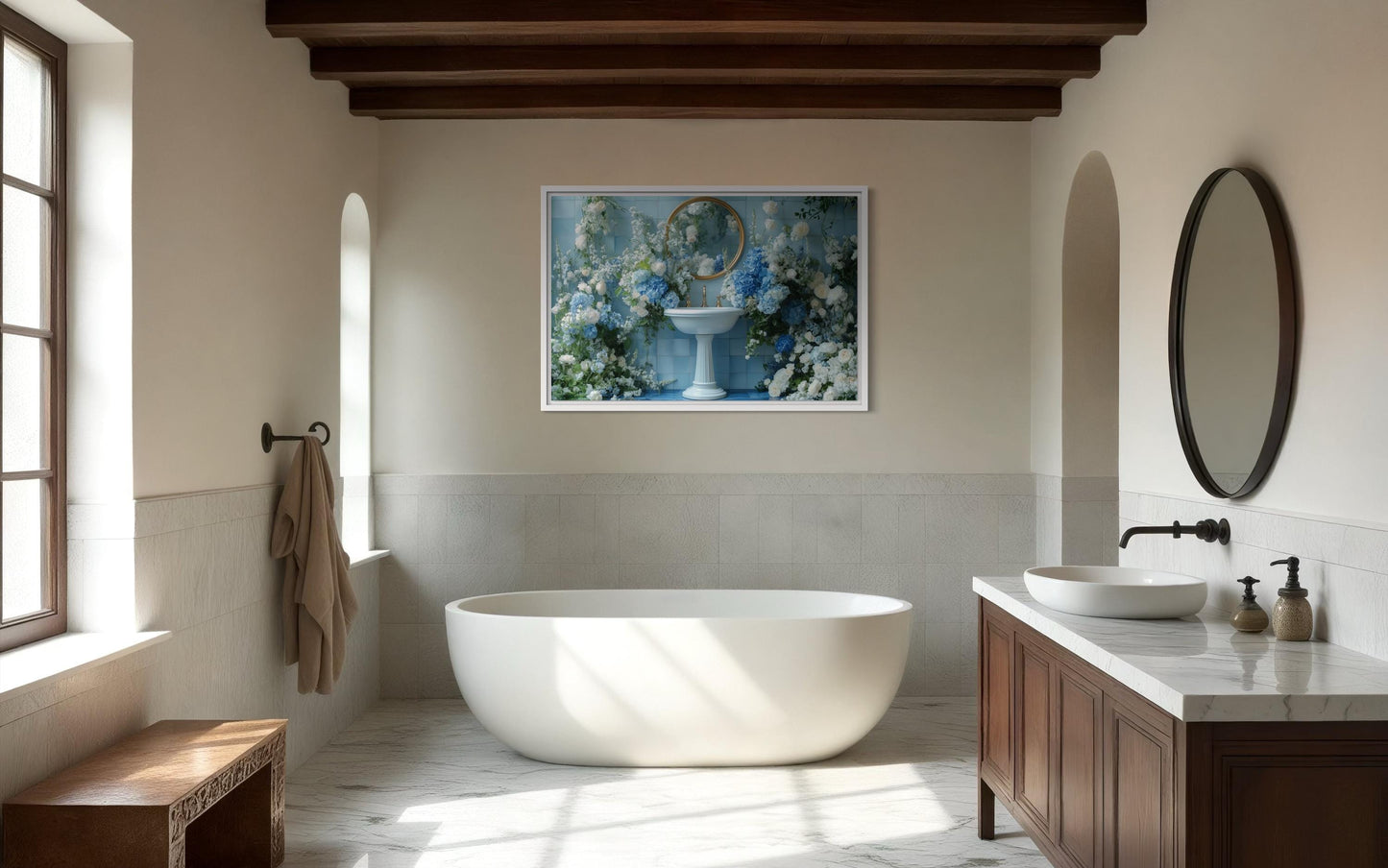 Blue Floral Sink Bathroom Canvas Wall Art