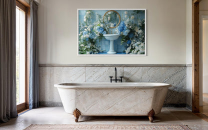 Blue Floral Sink Bathroom Canvas Wall Art
