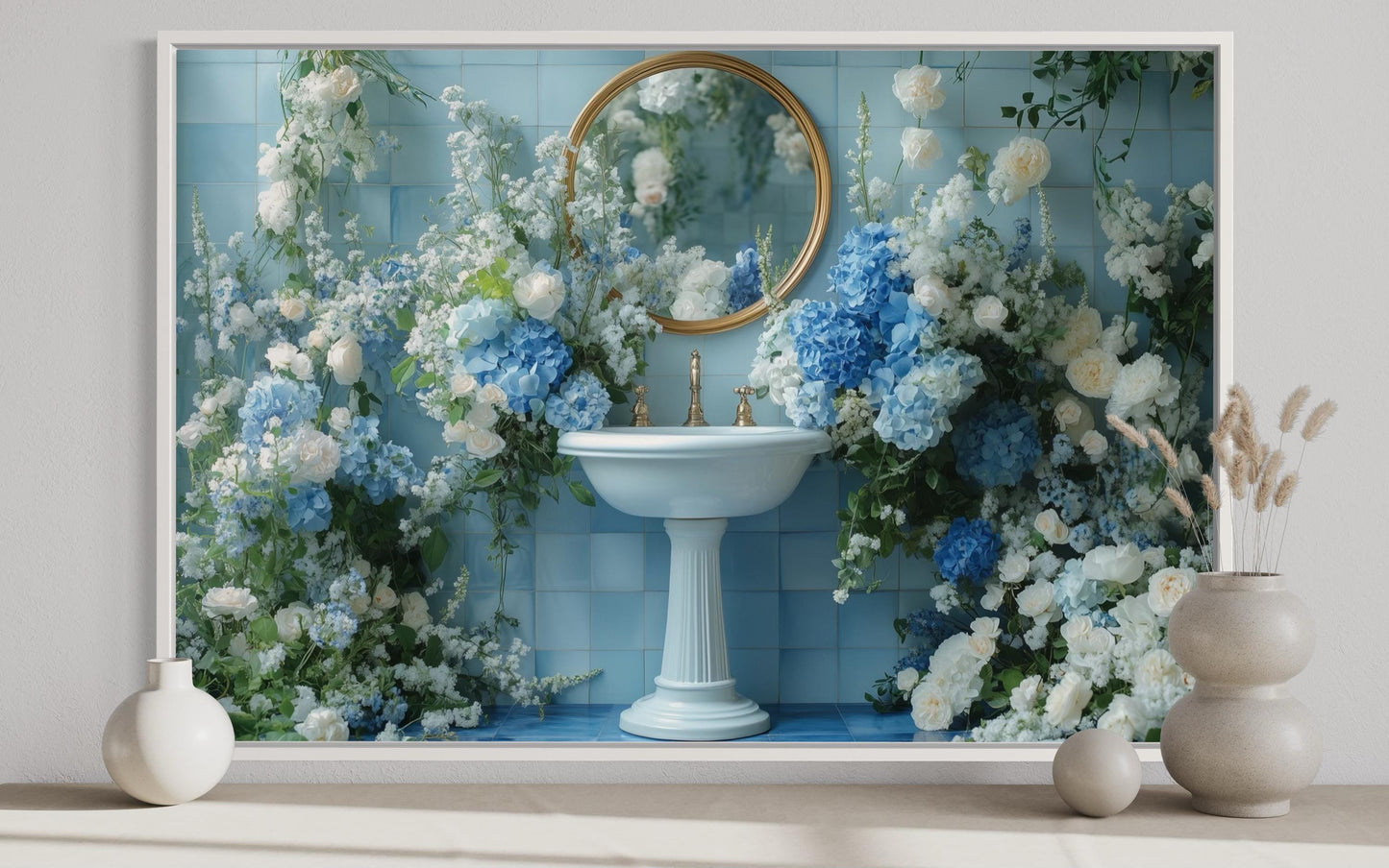 Blue Floral Sink Bathroom Canvas Wall Art