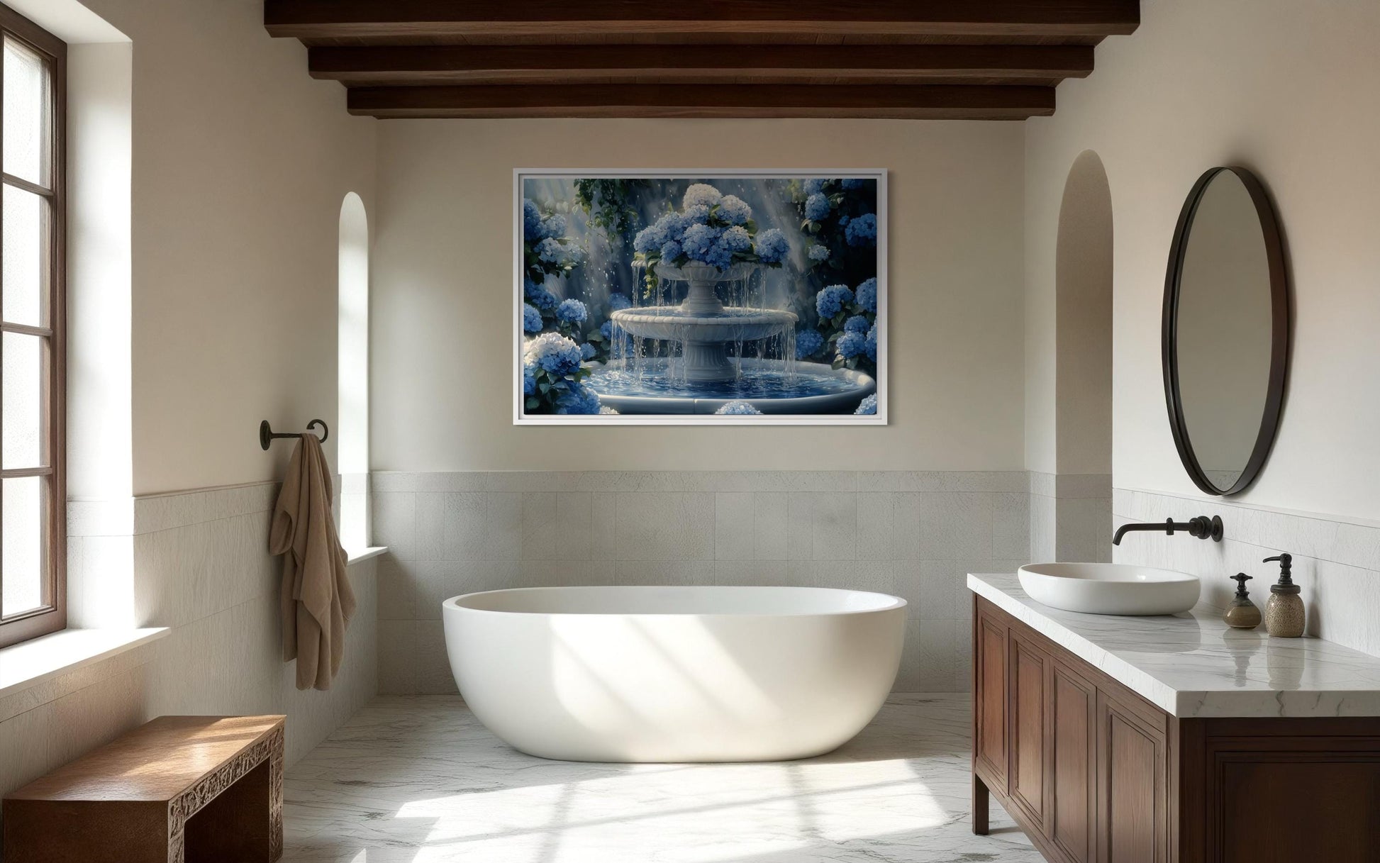 Blue Flowers Fountain Bathroom Canvas Wall Art