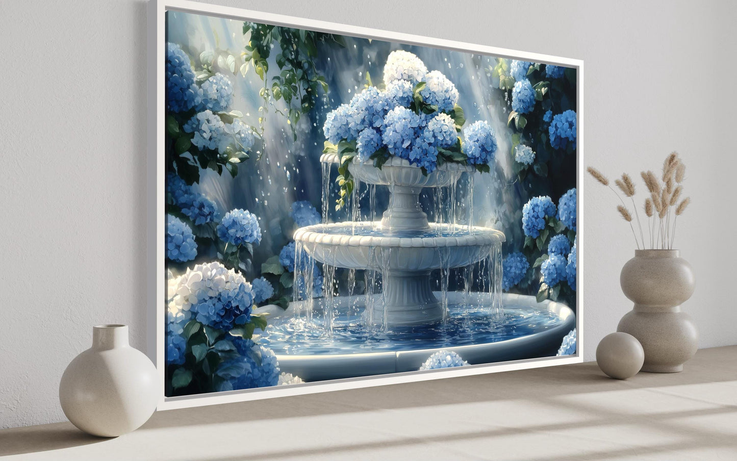 Blue Flowers Fountain Bathroom Canvas Wall Art