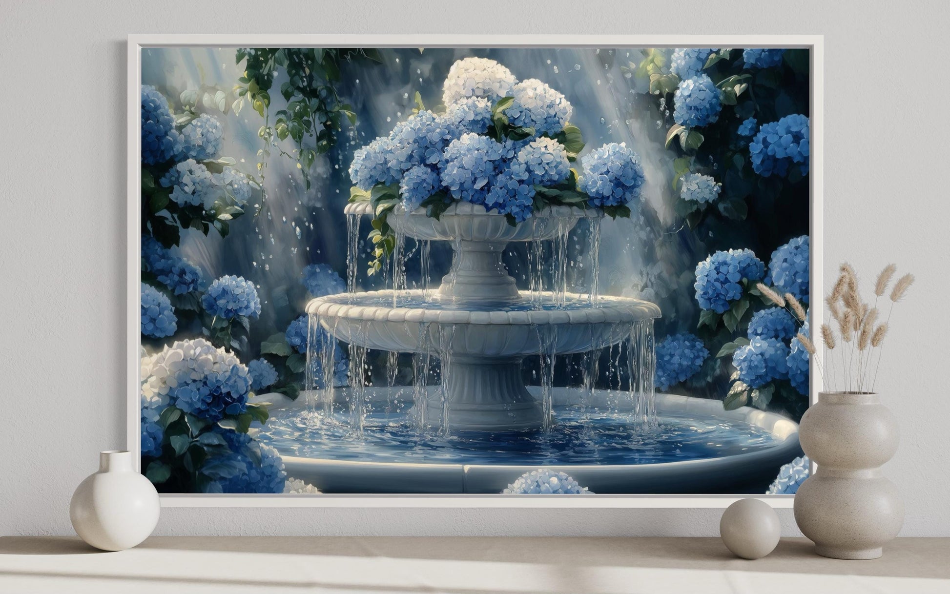 Blue Flowers Fountain Bathroom Canvas Wall Art