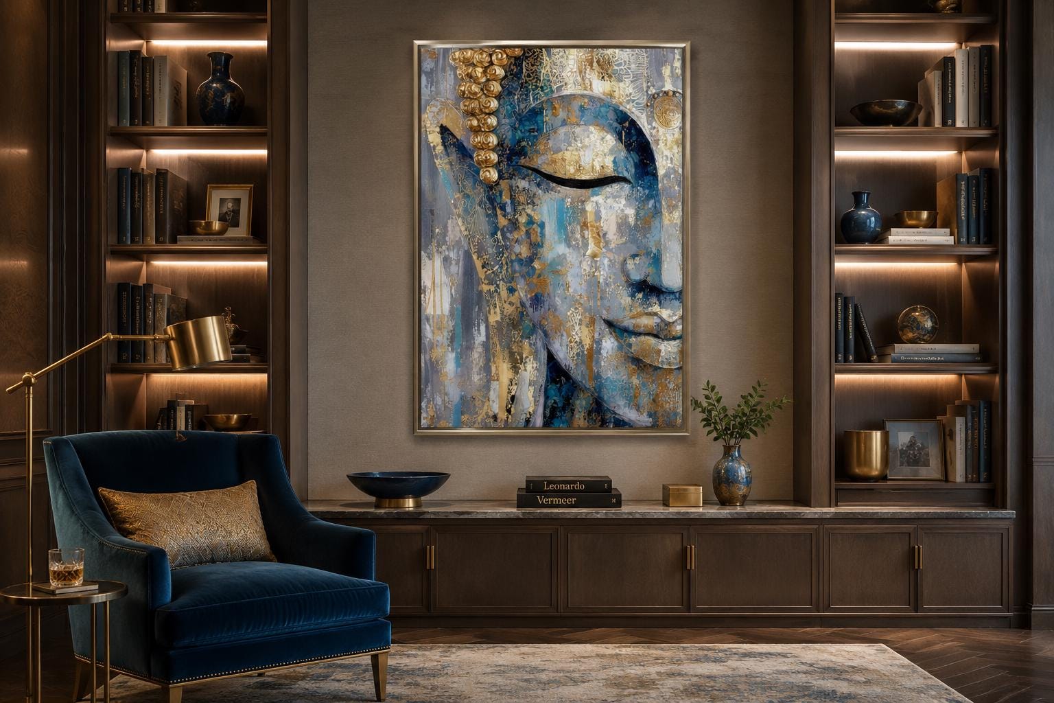Blue Gold Abstract Buddha Canvas Wall Art For Zen Meditation Or Living Room