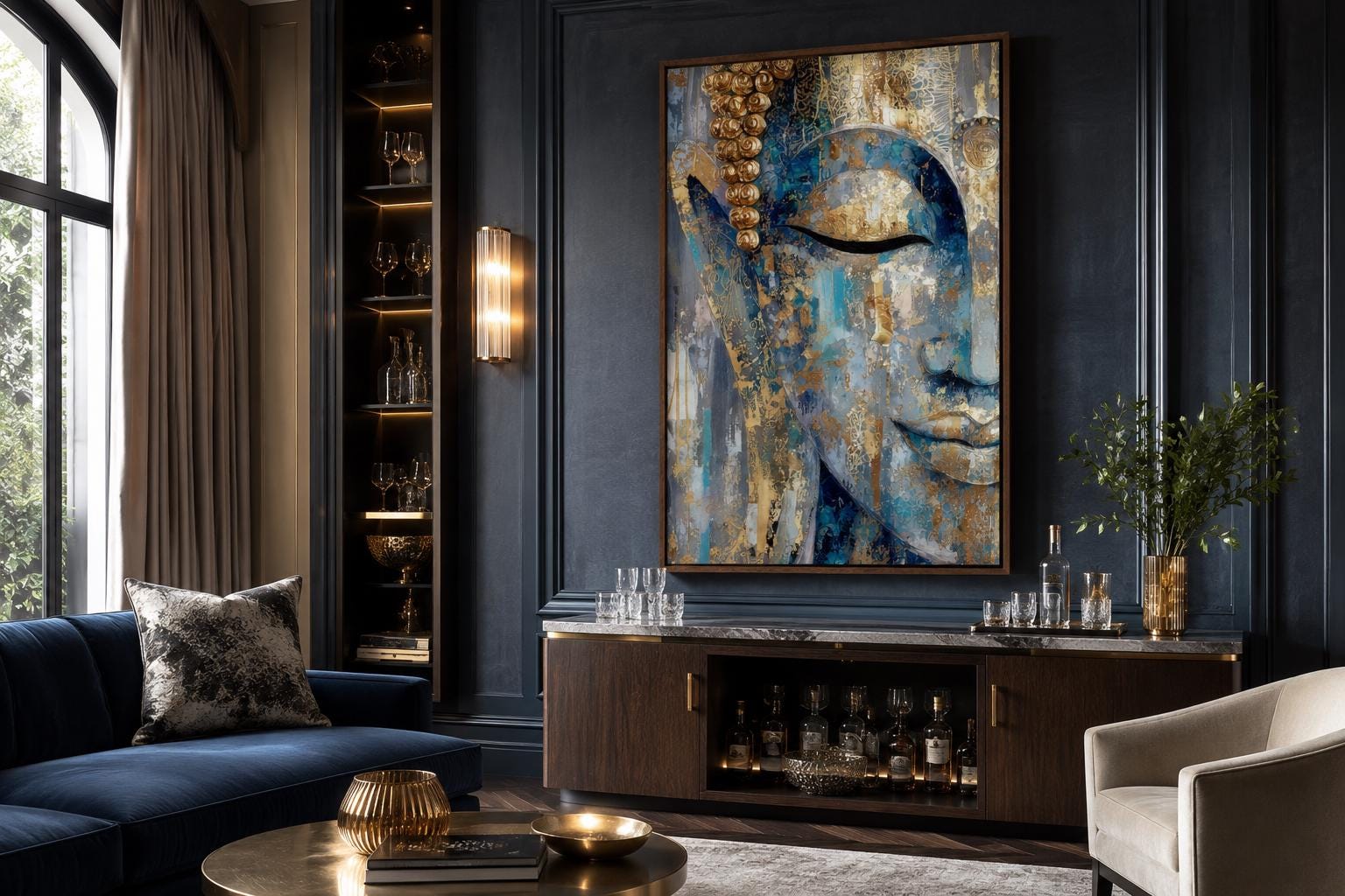 Blue Gold Abstract Buddha Canvas Wall Art For Zen Meditation Or Living Room