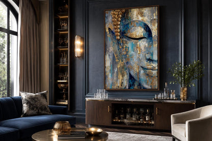 Blue Gold Abstract Buddha Canvas Wall Art For Zen Meditation Or Living Room