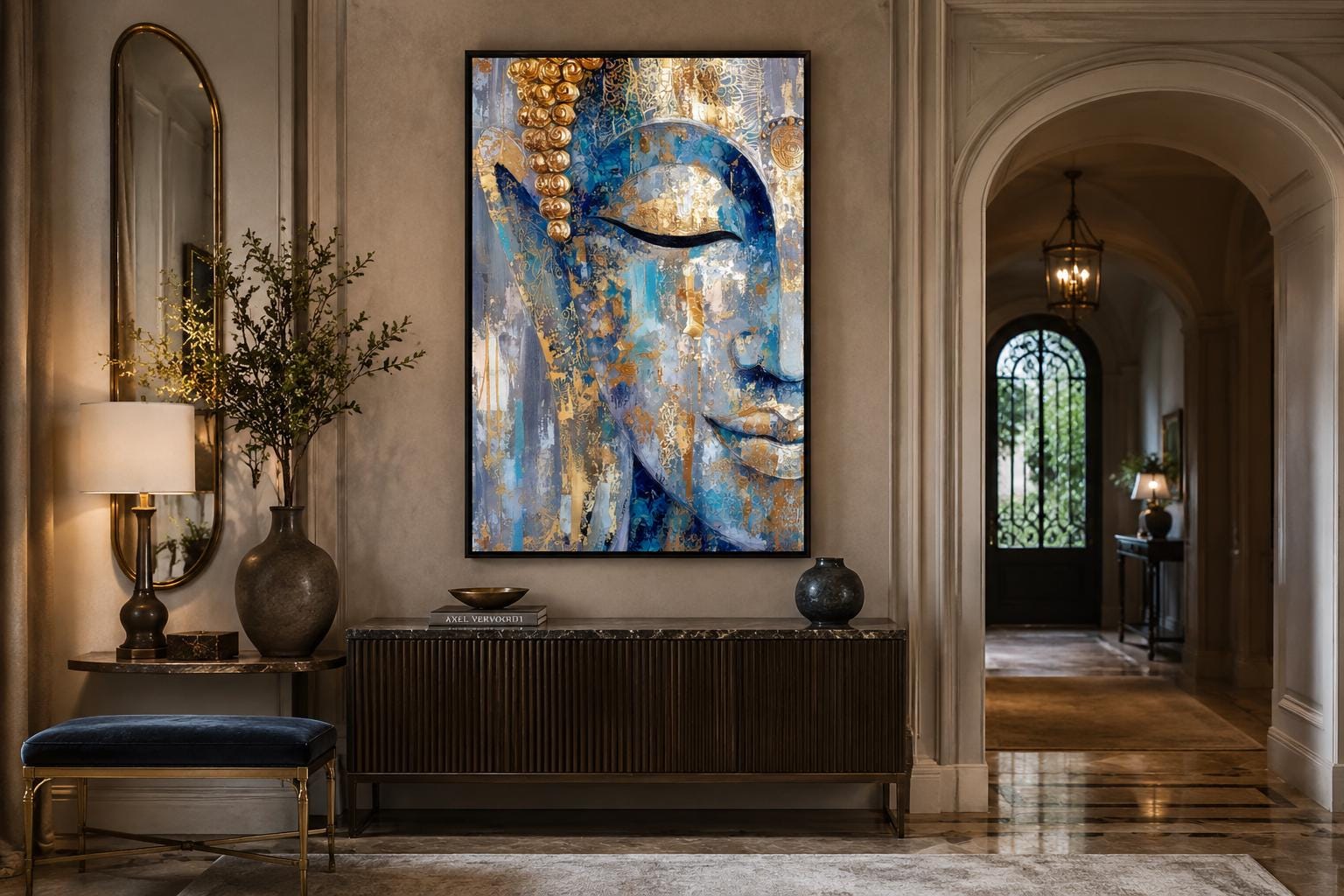 Blue Gold Abstract Buddha Canvas Wall Art For Zen Meditation Or Living Room