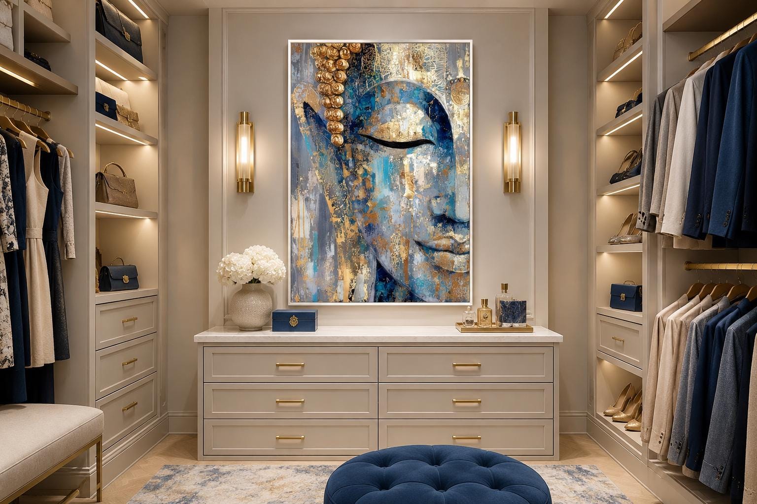 Blue Gold Abstract Buddha Canvas Wall Art For Zen Meditation Or Living Room