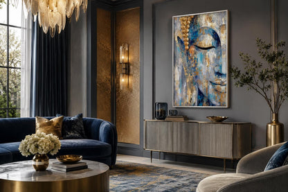 Blue Gold Abstract Buddha Canvas Wall Art For Zen Meditation Or Living Room