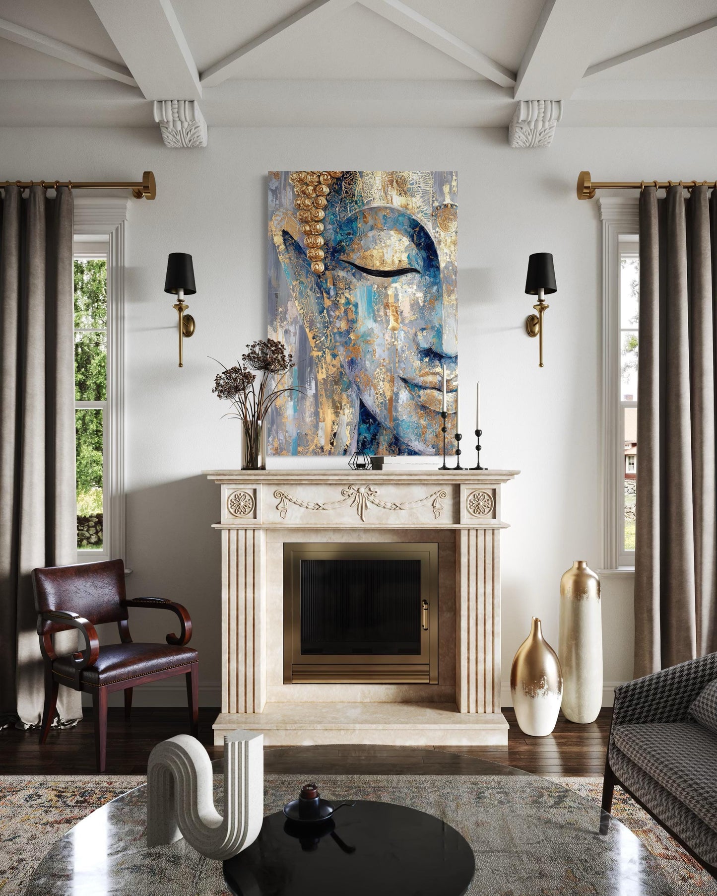 Blue Gold Abstract Buddha Canvas Wall Art For Zen Meditation Or Living Room