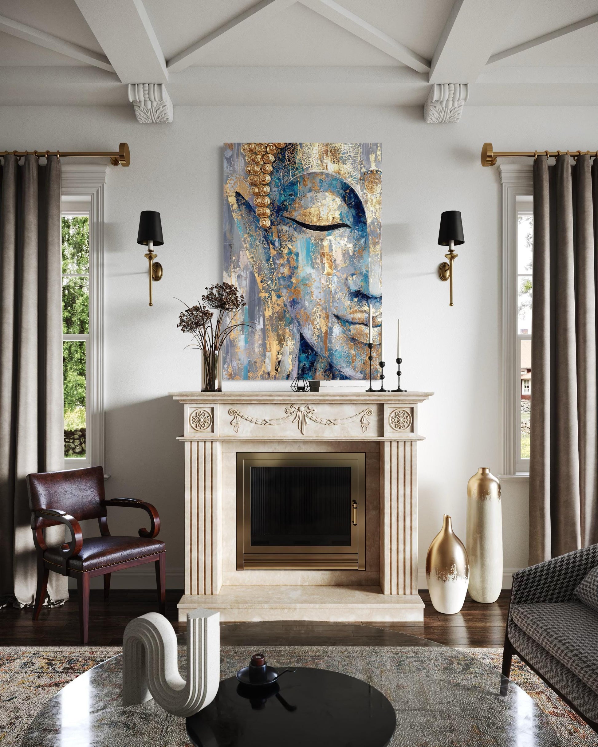 Blue Gold Abstract Buddha Canvas Wall Art For Zen Meditation Or Living Room
