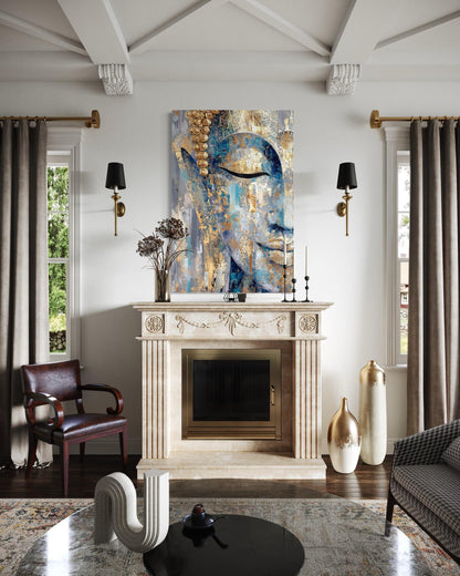 Blue Gold Abstract Buddha Canvas Wall Art For Zen Meditation Or Living Room