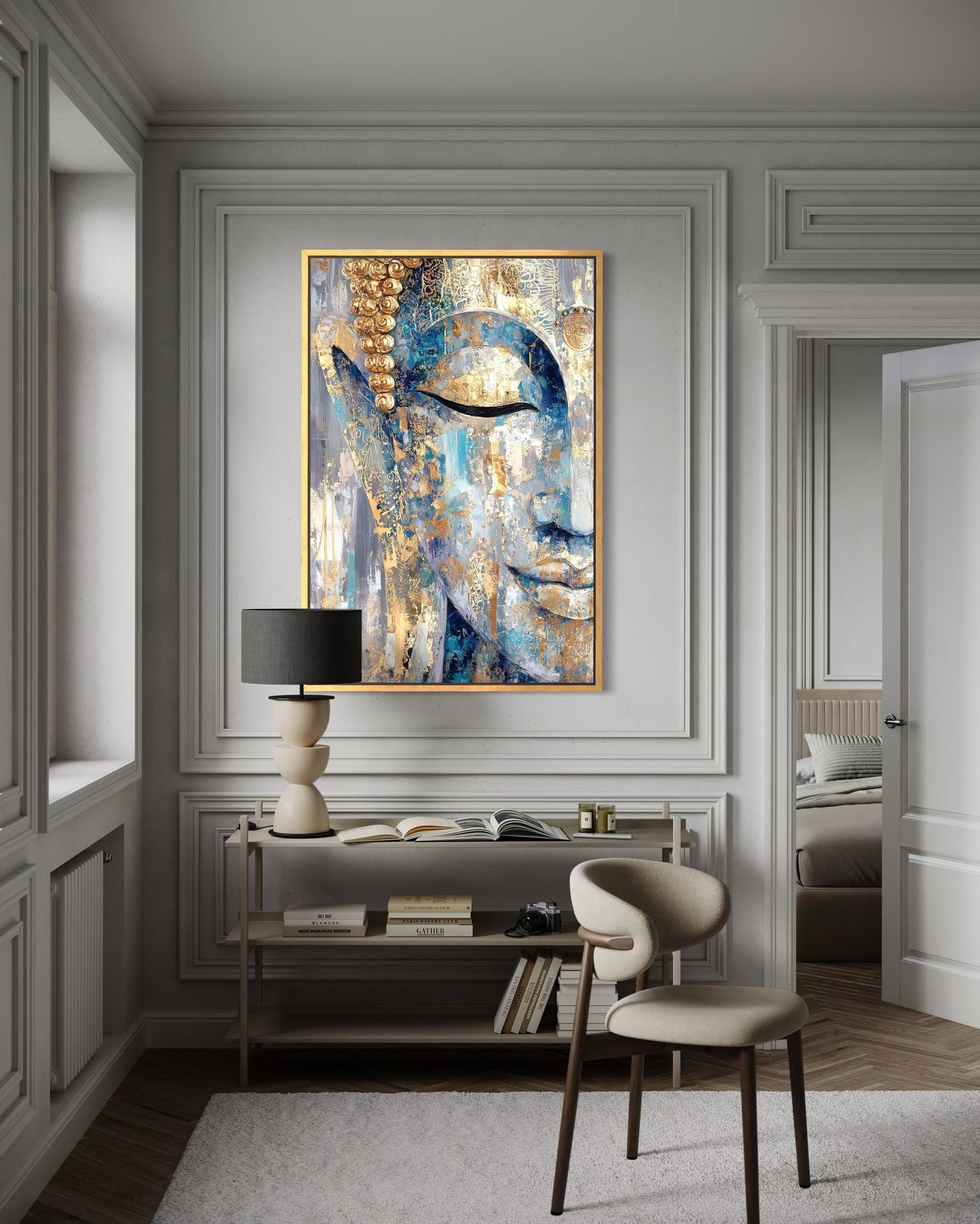 Blue Gold Abstract Buddha Canvas Wall Art For Zen Meditation Or Living Room