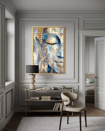 Blue Gold Abstract Buddha Canvas Wall Art For Zen Meditation Or Living Room