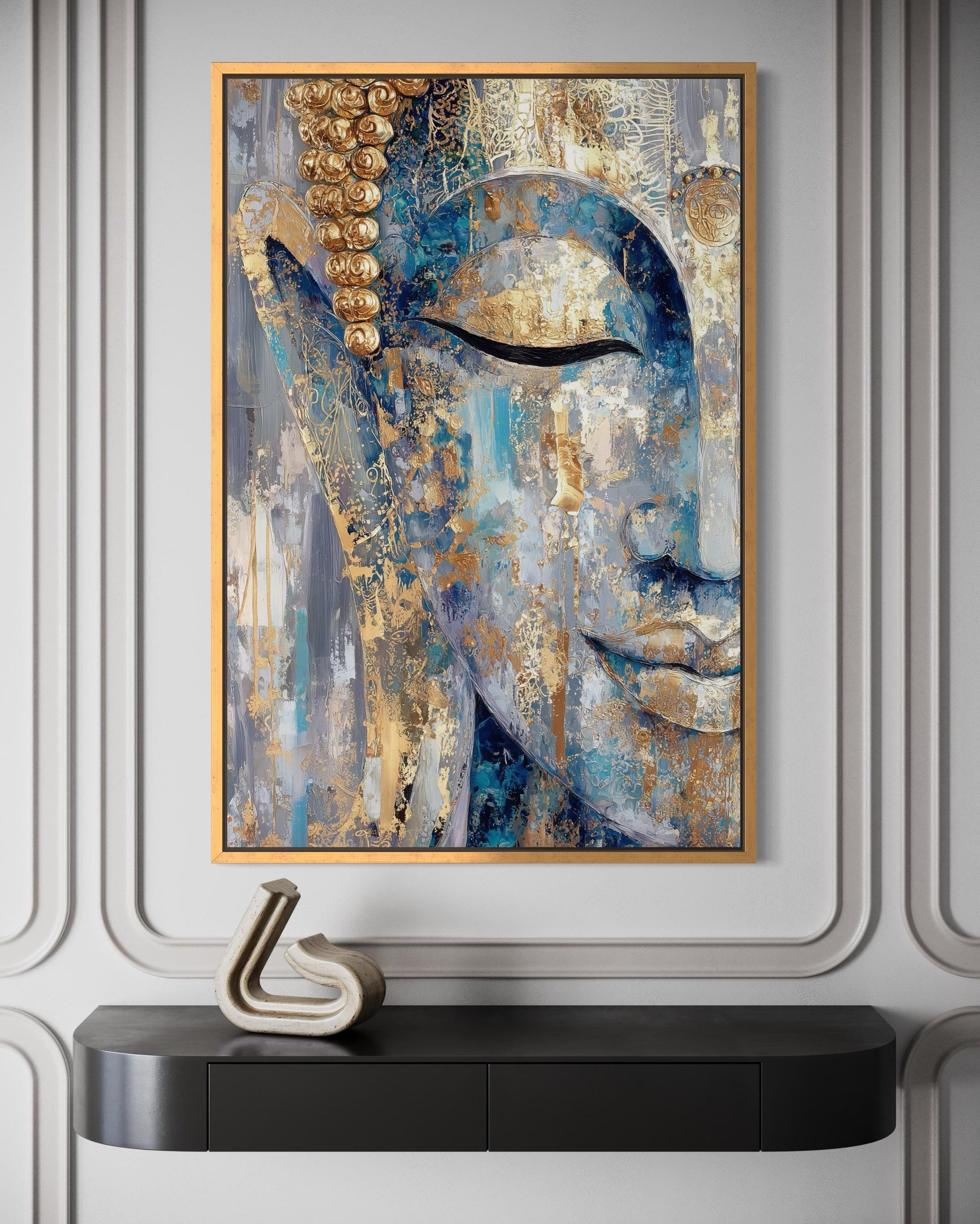 Blue Gold Abstract Buddha Canvas Wall Art For Zen Meditation Or Living Room