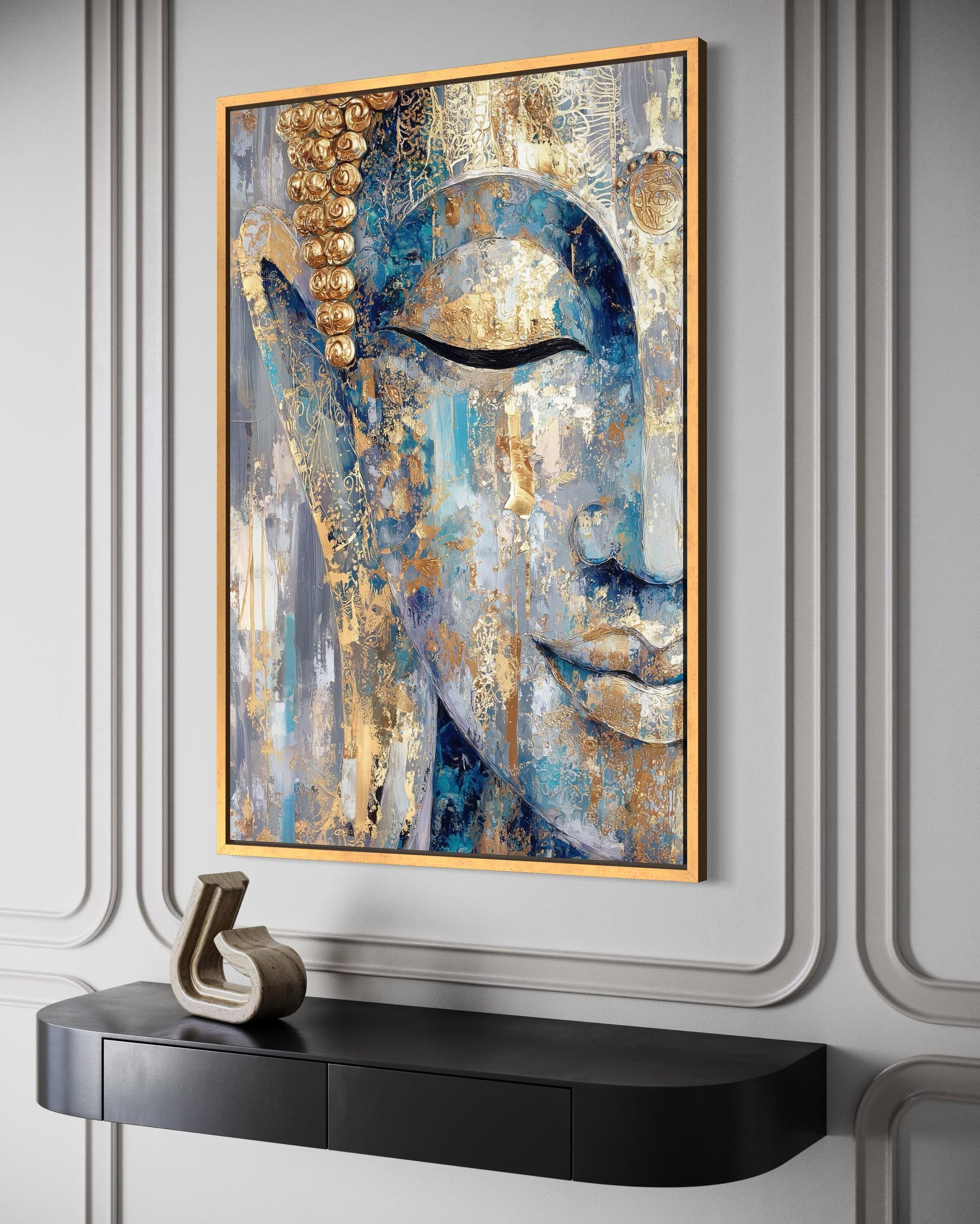 Blue Gold Abstract Buddha Canvas Wall Art For Zen Meditation Or Living Room