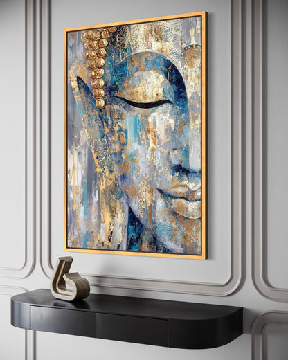 Blue Gold Abstract Buddha Canvas Wall Art For Zen Meditation Or Living Room