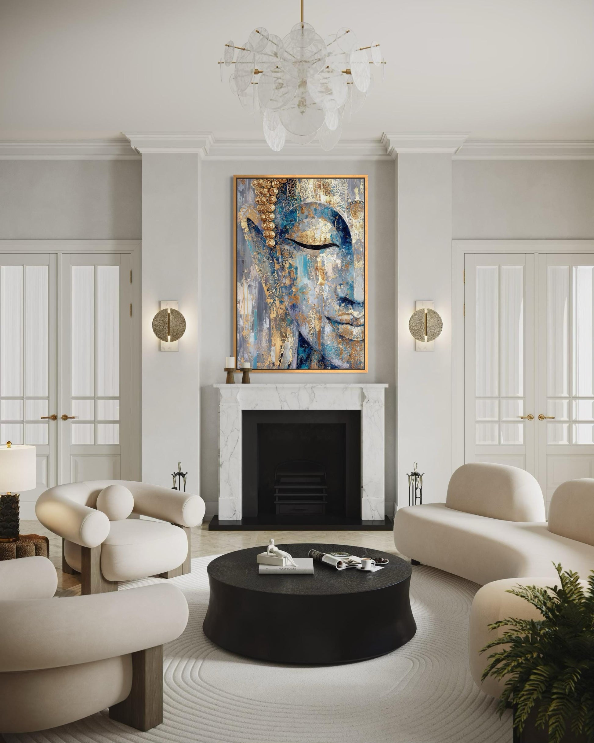 Blue Gold Abstract Buddha Canvas Wall Art For Zen Meditation Or Living Room