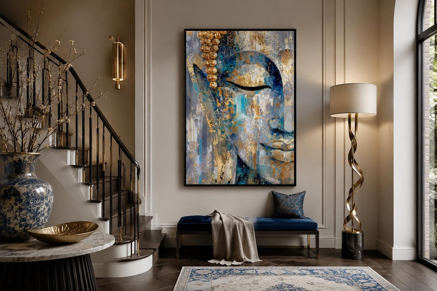 Blue Gold Abstract Buddha Canvas Wall Art For Zen Meditation Or Living Room