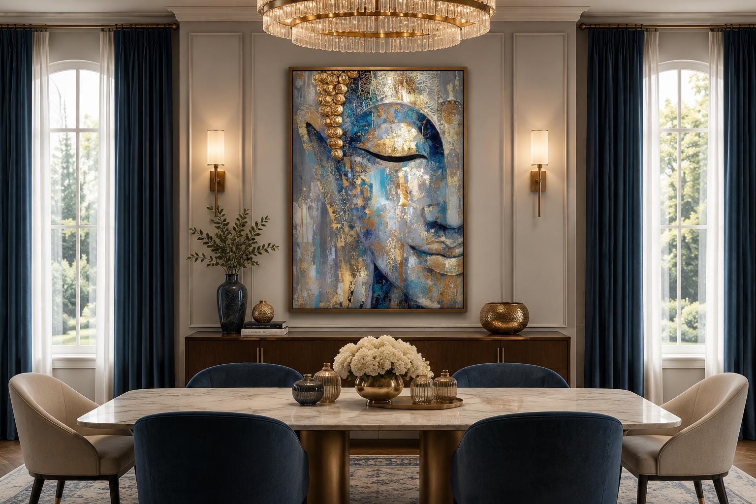 Blue Gold Abstract Buddha Canvas Wall Art For Zen Meditation Or Living Room