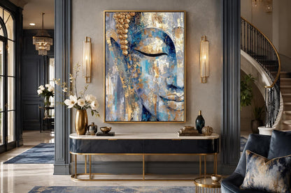 Blue Gold Abstract Buddha Canvas Wall Art For Zen Meditation Or Living Room