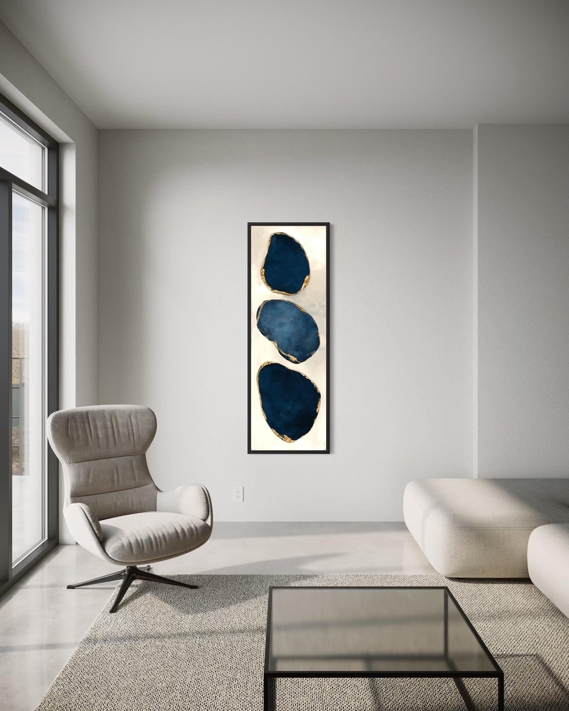 Blue Gold Abstract Stacked Stones Wall Art – Vertical Narrow Canvas Print with Gold Edges for Hallway
