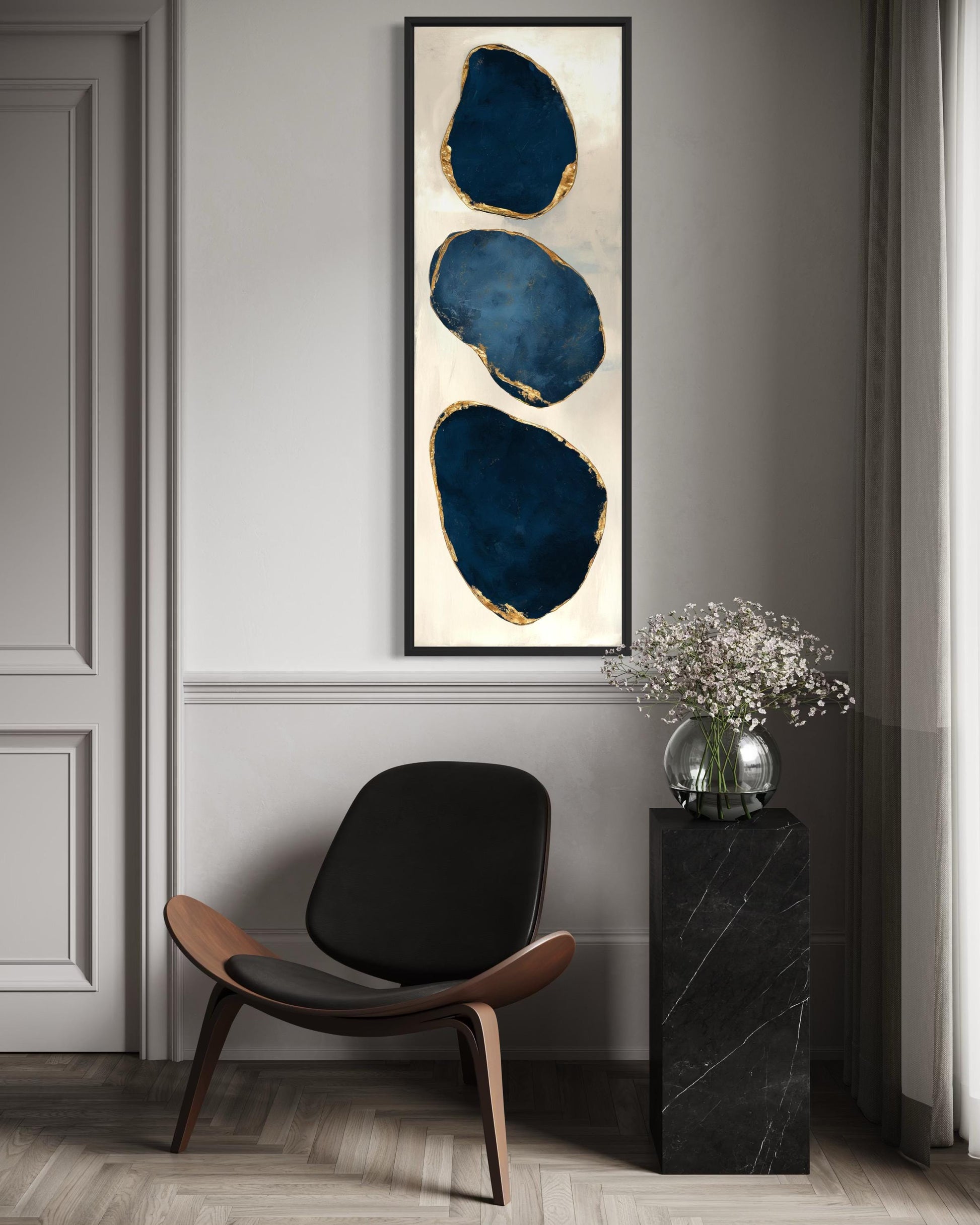 Blue Gold Abstract Stacked Stones Wall Art – Vertical Narrow Canvas Print with Gold Edges for Hallway