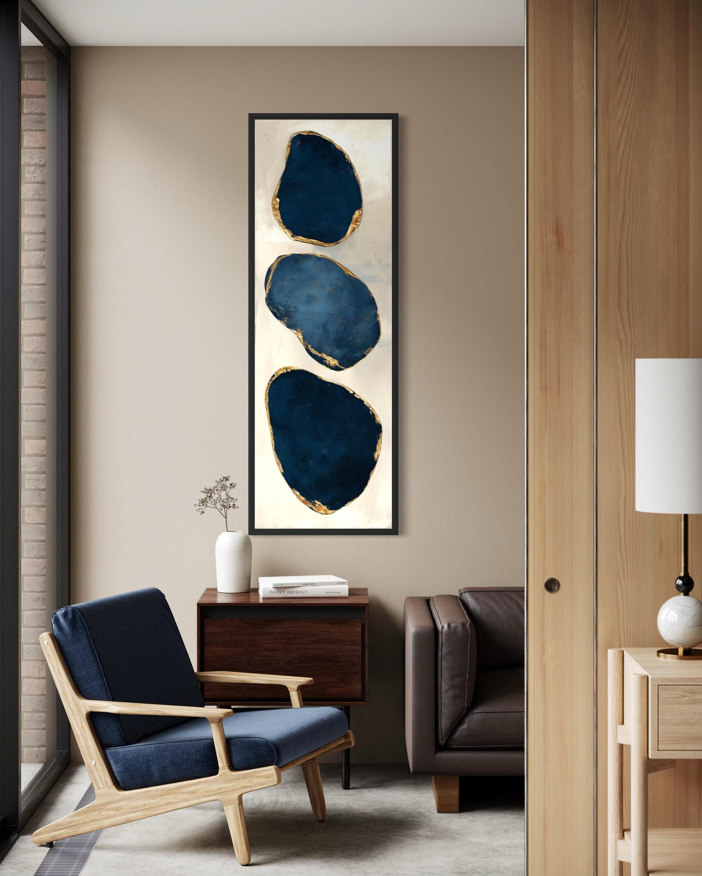 Blue Gold Abstract Stacked Stones Wall Art – Vertical Narrow Canvas Print with Gold Edges for Hallway