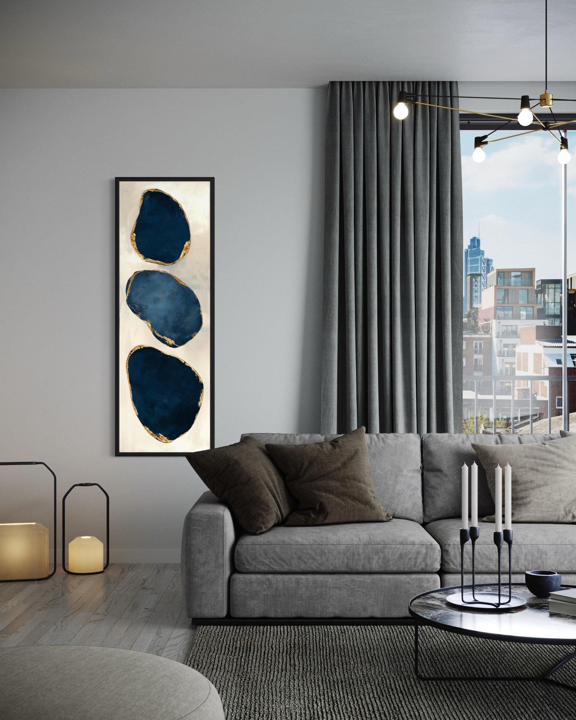 Blue Gold Abstract Stacked Stones Wall Art – Vertical Narrow Canvas Print with Gold Edges for Hallway
