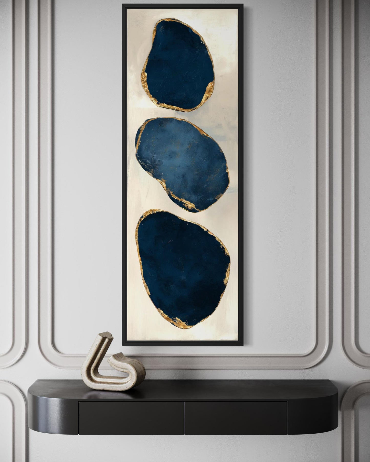 Blue Gold Abstract Stacked Stones Wall Art – Vertical Narrow Canvas Print with Gold Edges for Hallway