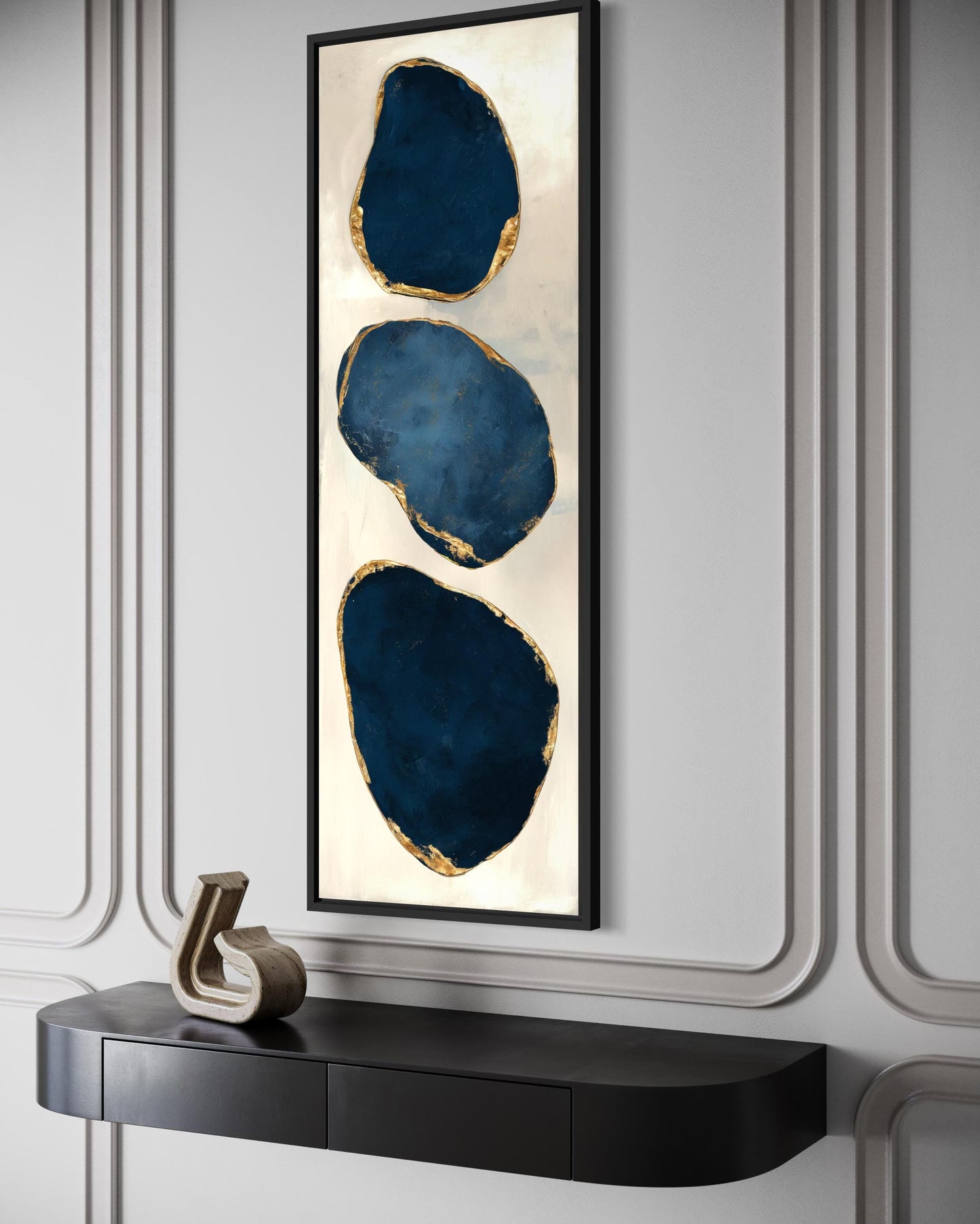 Blue Gold Abstract Stacked Stones Wall Art – Vertical Narrow Canvas Print with Gold Edges for Hallway