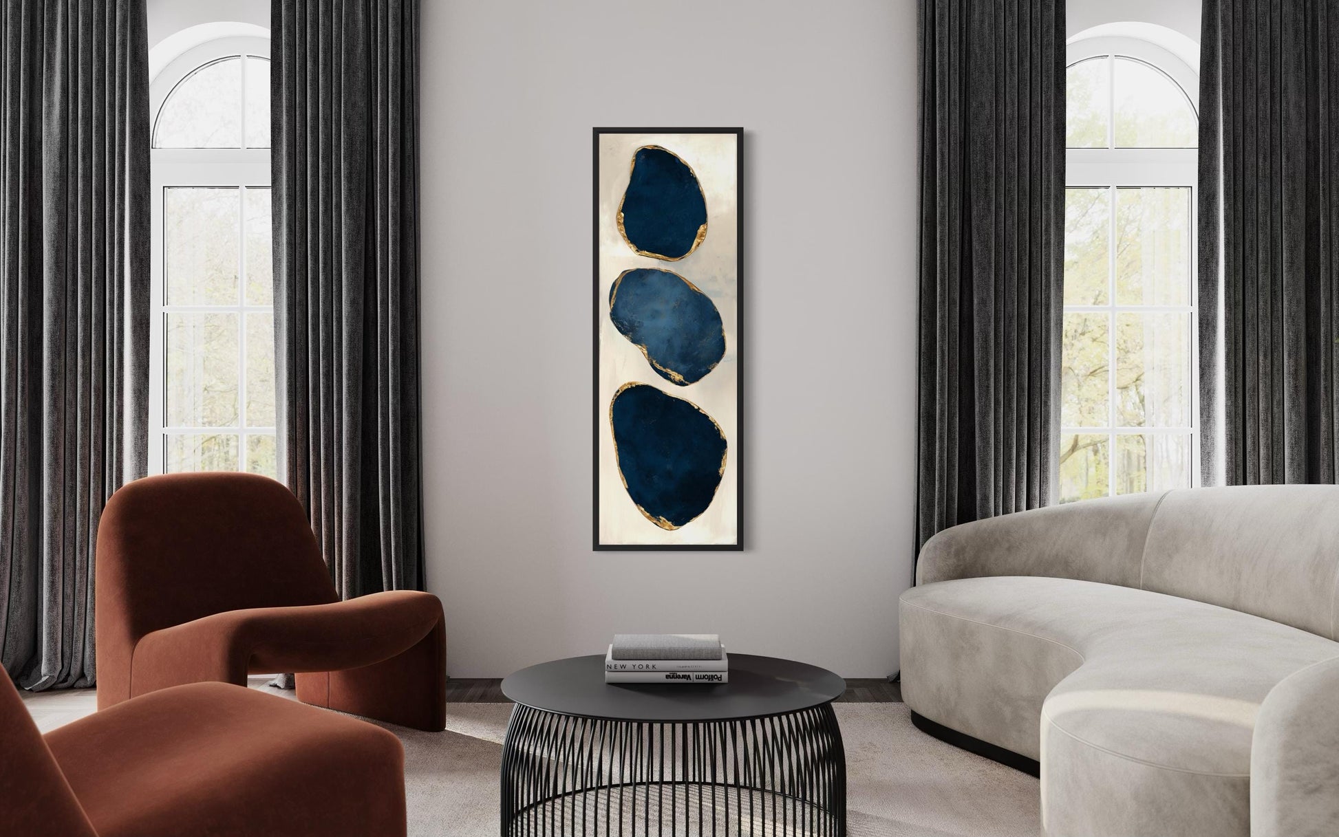 Blue Gold Abstract Stacked Stones Wall Art – Vertical Narrow Canvas Print with Gold Edges for Hallway