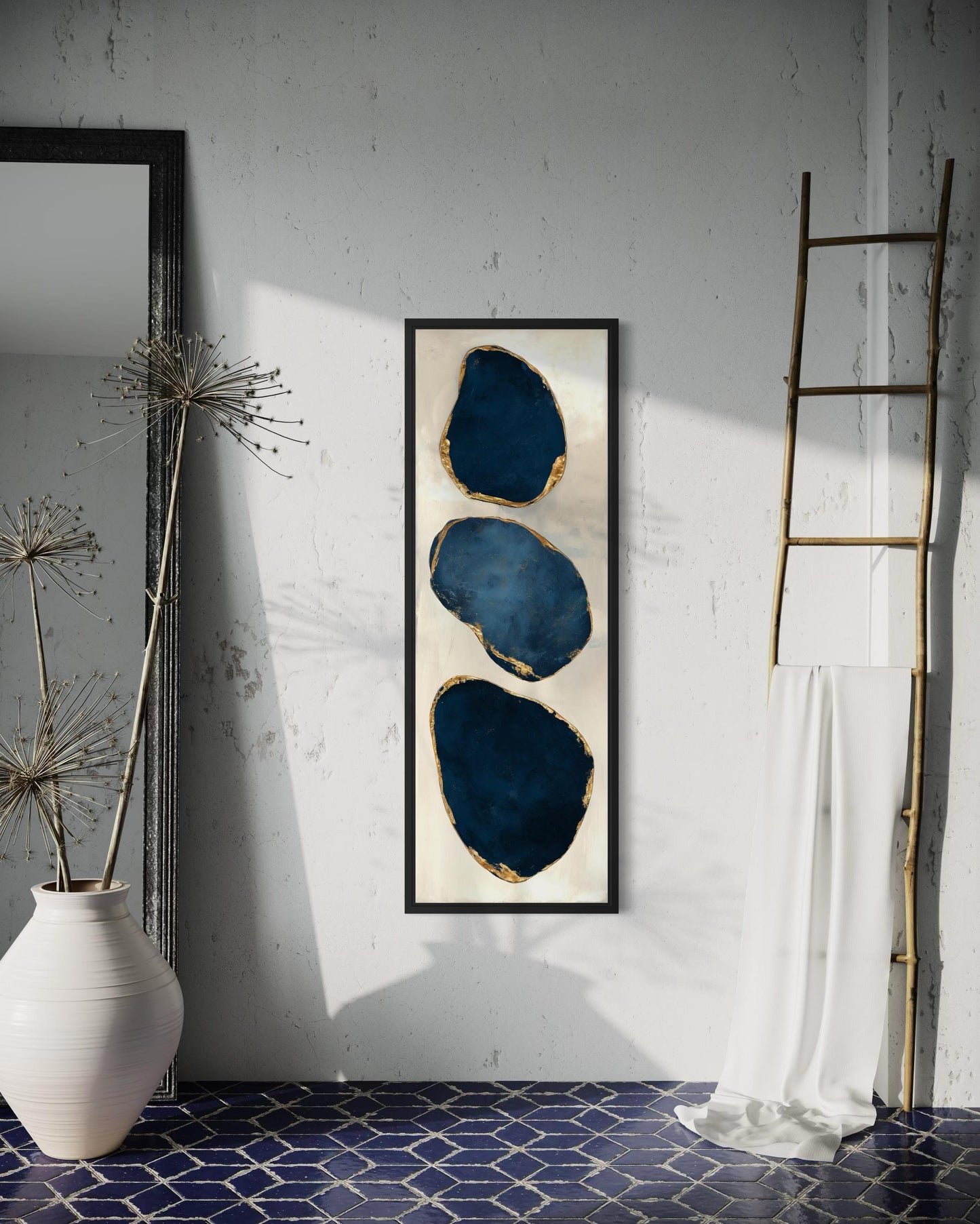 Blue Gold Abstract Stacked Stones Wall Art – Vertical Narrow Canvas Print with Gold Edges for Hallway