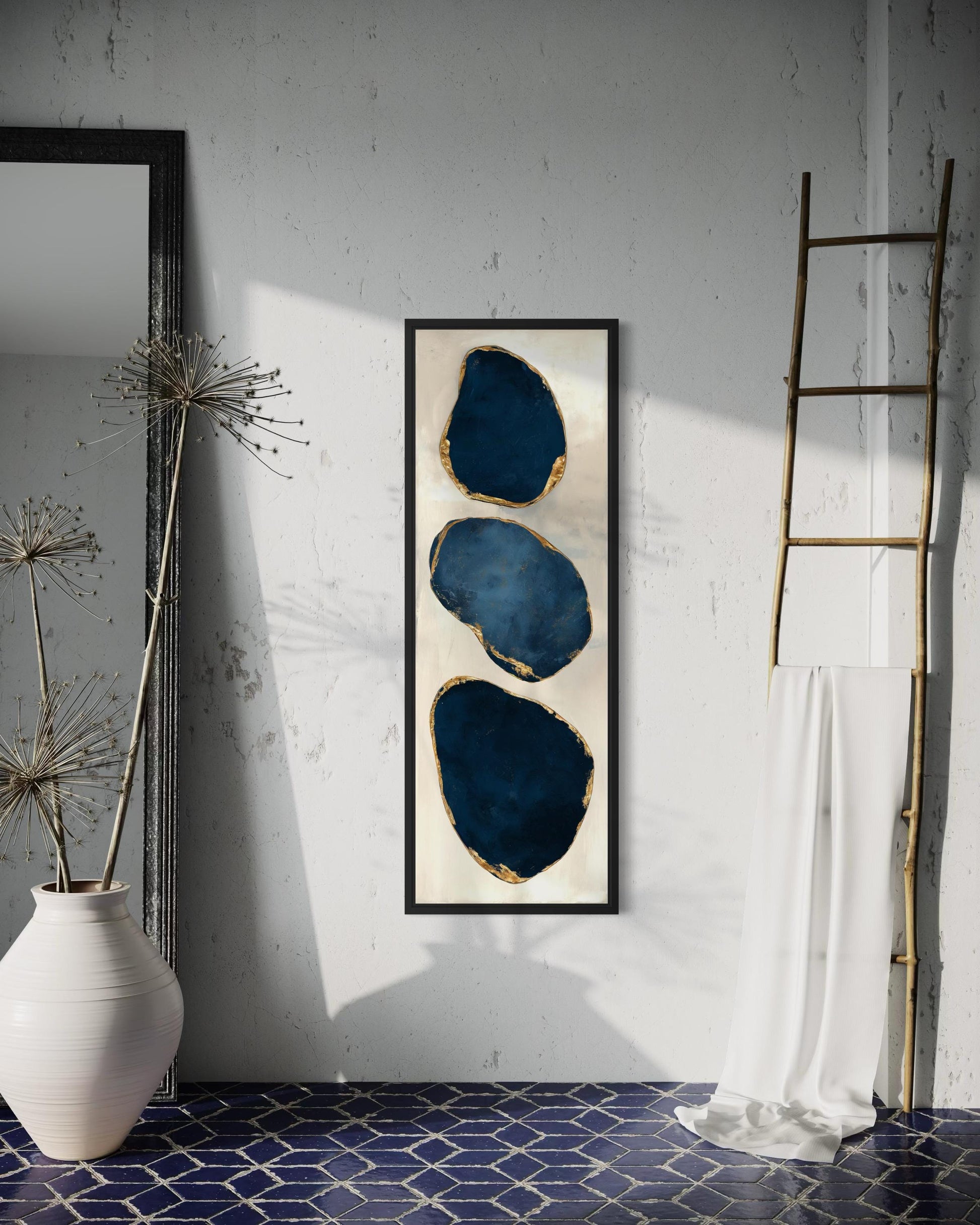 Blue Gold Abstract Stacked Stones Wall Art – Vertical Narrow Canvas Print with Gold Edges for Hallway