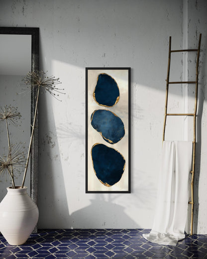 Blue Gold Abstract Stacked Stones Wall Art – Vertical Narrow Canvas Print with Gold Edges for Hallway