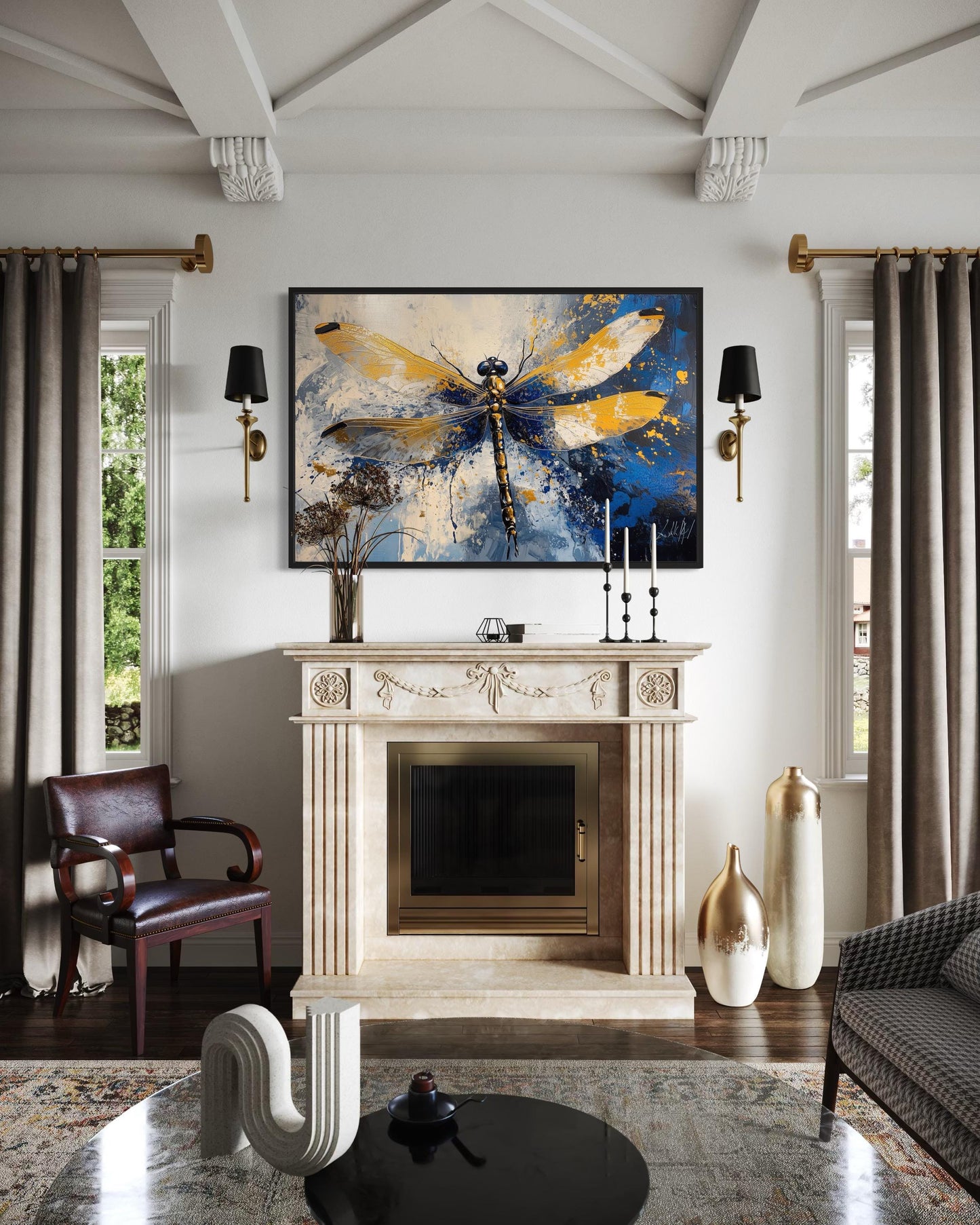 Blue Gold Dragonfly Framed Canvas Wall Art