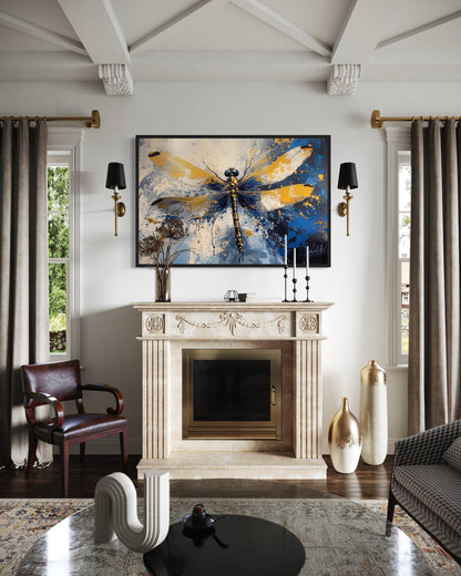 Blue Gold Dragonfly Framed Canvas Wall Art