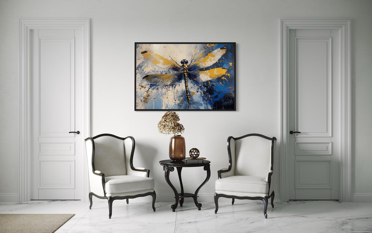 Blue Gold Dragonfly Framed Canvas Wall Art