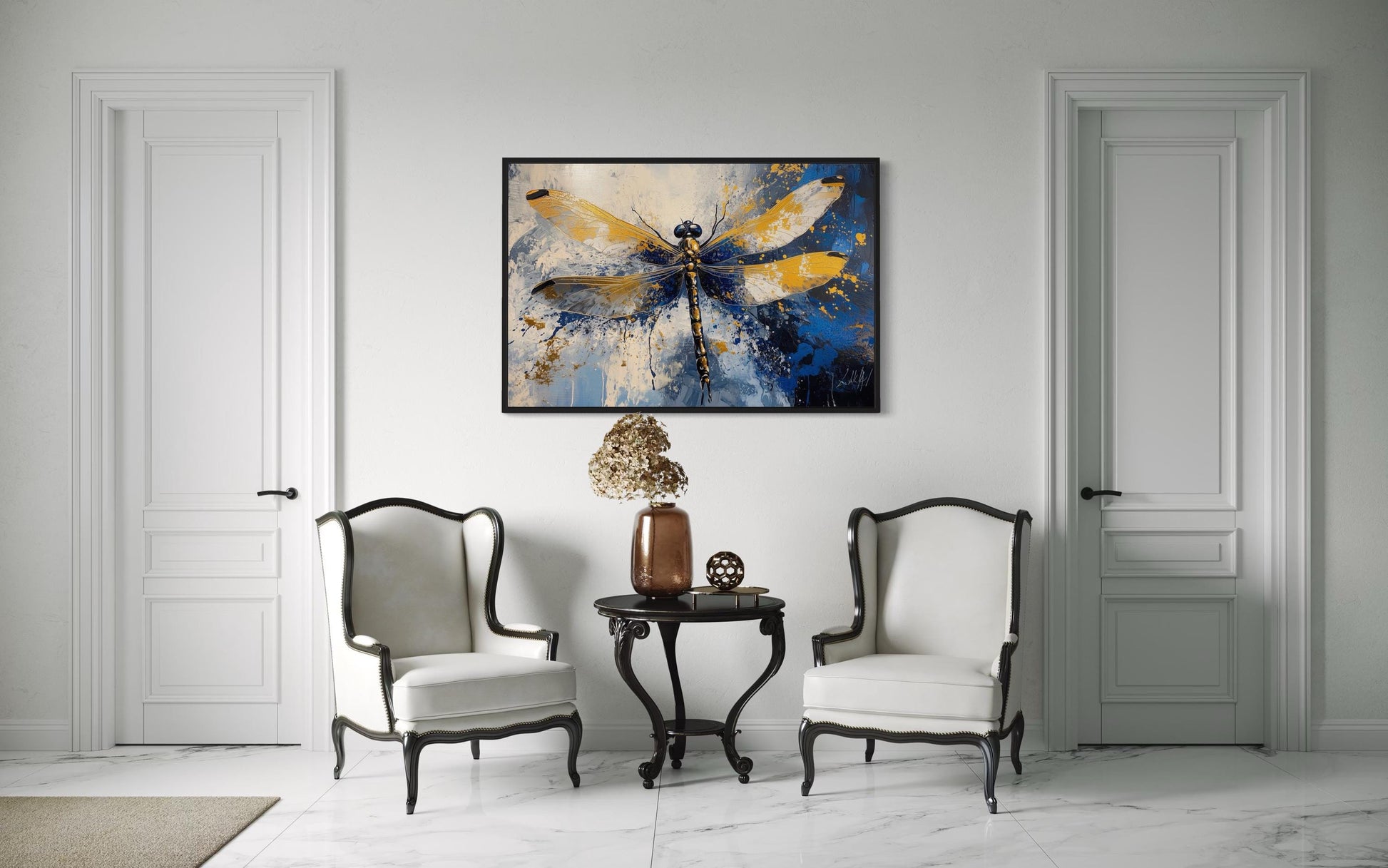 Blue Gold Dragonfly Framed Canvas Wall Art